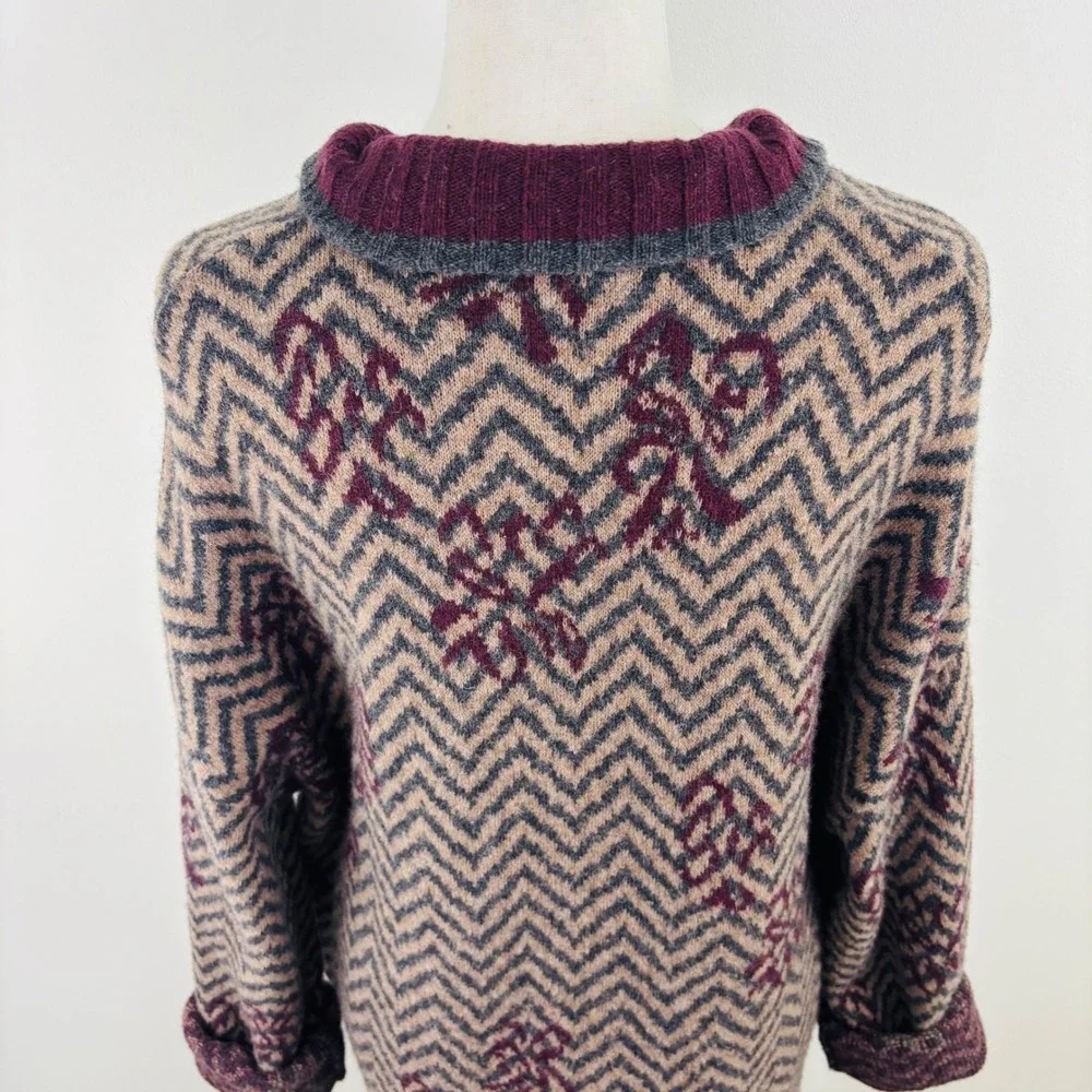 A Ida Italy Made Floral Wool Luxury Long Chevron Cardigan Burgundy Buckle Neck